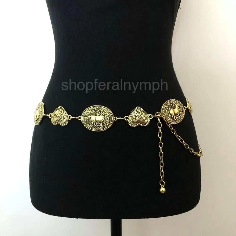 Y2K Boho Gold Horse Heart Medallion Chain Belt, Fits 24–47 Inches, X7GA1175